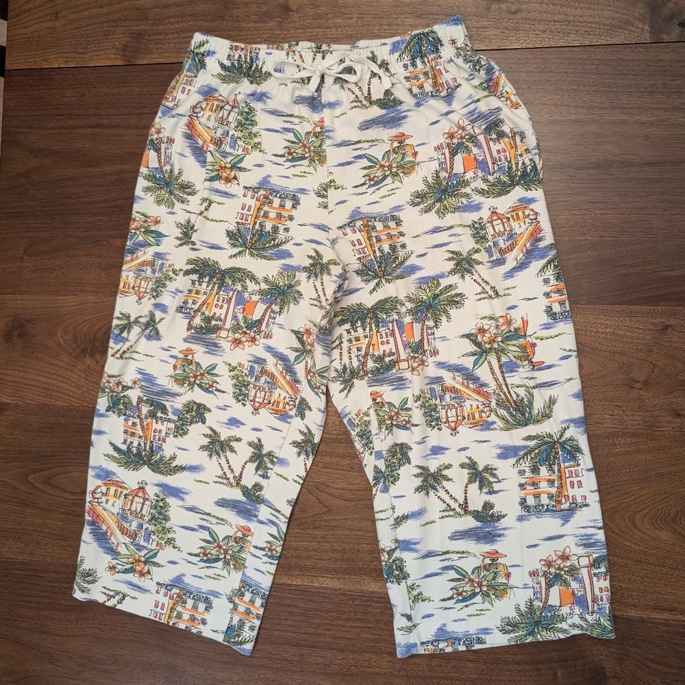 90s Y2K Vintage White Stag Multicolor Tropical Print Elastic Waist Casual Pants
